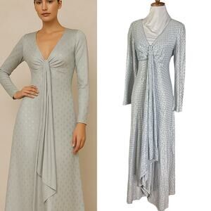 Vintage 1970s Metallic Silver Polka Dot Glam Boho Disco Dress M/L